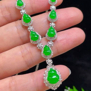 Vibrant Imperial Green Jadeite Gourd <b>Statement</b> <b>Necklace</b>, 18K White Gold Diamond Cluster Setting Natural Jade Fine Jewelry - Product Image 1