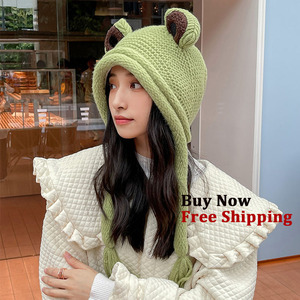 Bonnet d'<span class=keywords><strong>hiver</strong></span> pour <span class=keywords><strong>femme</strong></span> en 100% coton, bonnet en tricot doux avec oreilles de grenouille, avec cordon, non extensible, tissu commun - Product Image 2