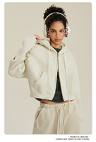 Hoodie court vintage délavé pour femme, fermeture éclair double sens, poches plaquées, poids lourd 400 GSM, streetwear, épaules tombantes