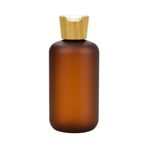 60ml 120ml 250ml frosted amber pet plastic bottles with bamboo disc lid Bamboo shampoo bottles