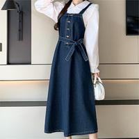 Robes en Jean Midi Sans Manches Col Bateau Vintage FEO sur Mesure, Taille Empire Couleur Unie, Boutonnée Décontractée pour Femmes