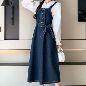 เดรสยีนส์ทรงเอ็มไพร์สีพื้นสไตล์วินเทจ คอเฉียง แขนกุด ความยาวปานกลาง สำหรับผู้หญิง รับผลิตตามแบบ (OEM) - Product Image 6