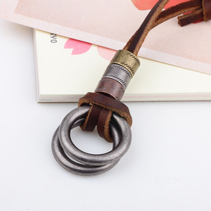 European American Style Round <b>Ring</b> Pendant Leather <b>Necklace</b> Coffee Brown Copper Alloy Geometric Design Fashion Jewelry - Product Image 3