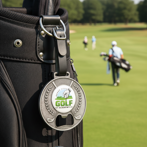 Étiquette <span class=keywords><strong>de</strong></span> sac <span class=keywords><strong>de</strong></span> golf en métal personnalisée OEM d'usine, avec sangle en cuir et porte-nom - Product Image 5