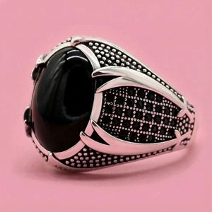 Anelli Islamici Retrò Punk, Gioielli Musulmani di Tendenza, Anello Vintage Turco con Doppia <span class=keywords><strong>Spada</strong></span> e Pietra Nera per Uomo - Product Image 6