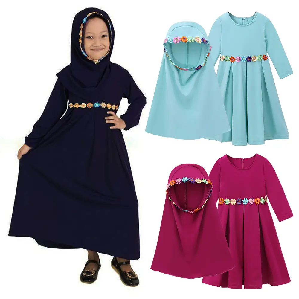 Menina muçulmana. Conjunto de 2 peças para crianças do Oriente Médio. primavera. outono. inverno. vestido de manga comprida de cor sólida. vestido longo. lenço