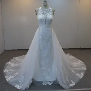 Elegant see-through V-neck appliqued mermaid wedding dress with detachable palace train wedding dress
