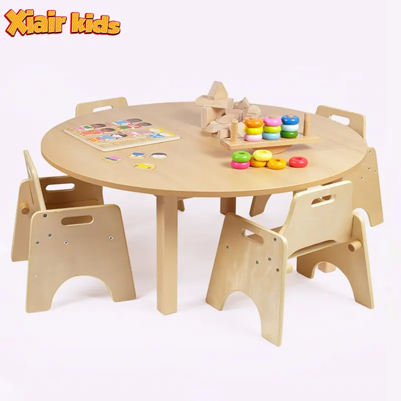 Xiair Children Daycare Solid Wood Study Table and 2 Chairs Set For Montessori Preschool Nursery Home Furniture Set