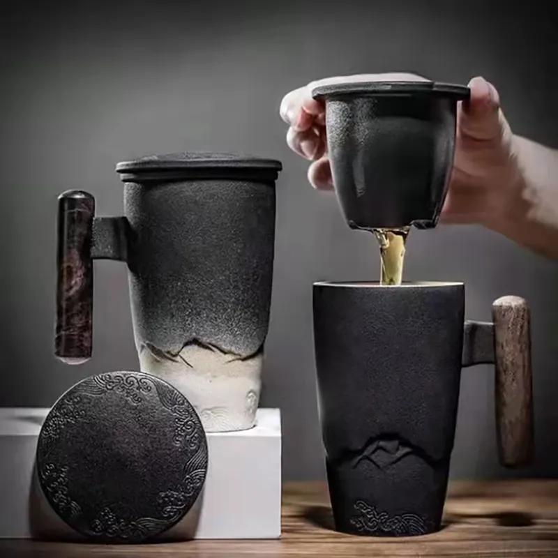 Periuk hitam Mug bentuk gunung hadiah cangkir teh cangkir kotak hitam cangkir kopi dengan Infuser dengan pegangan kayu keramik dengan tutup 350ml