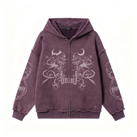 Sweat à capuche zippé violet foncé délavé et vieilli, avec motif Kornit DTG Moon Bat Branch, coupe oversize, style streetwear
