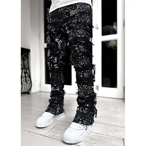 Aangepaste Mannen High Street Distressed Uitlopende Denim Broek Mode Biker Gewassen Gestapelde Gescheurde Jeans Voor Mannen