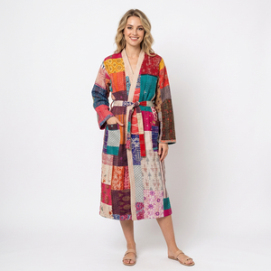 Kimono de Algodón con Parches, Vestido Largo con Cuello en V y Lazos, Ropa de Primavera para Mujer, Chaqueta Kantha - Product Image 1