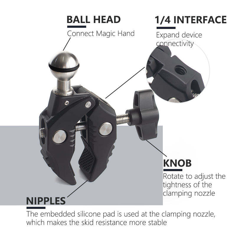 HONGDAK 360 Swivel Multi-Functional Super Crab Clamp Dual Ball Head Magic Arm Clip for Sports Camera Stand Mount Phone Clamp