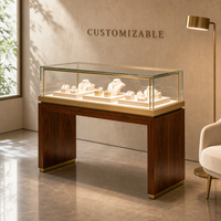 Table de présentation de bijoux éco-responsable avec éclairage LED, base en bois et plateau en verre, couleurs personnalisables pour les boutiques de luxe