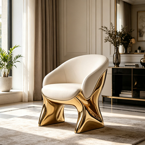 Poltrona Singola in Pelle con Base Scultorea Integrata in Fibra di Vetro Dorata per Spazi Residenziali di Lusso - Product Image 1