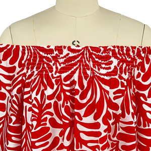 Blusa Bohemia con Estampado de Hojas Rojas para Mujer, Cuello Elástico Fruncido, Manga con Volantes, Lino Viscosa, Ropa de Resort, <span class=keywords><strong>Top</strong></span> a Juego - Product Image 4