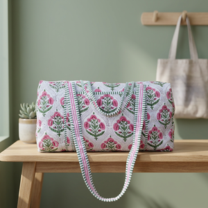 Exclusive Large Block Printed Casual Luxury Cotton Weekender Travel Duffle <b>Bag</b> Handmade Quilted Fabric 20 Inches Hand Luggage - Product Image 2