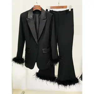 Ocstrade女式时尚单扣外套黑色两件套长裤套装羽毛长袖西装外套和长裤套装女式正式套装