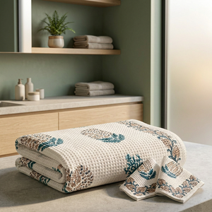 Ensemble de serviettes de bain gaufrées imprimées à la main en coton, 1 serviette de bain et 2 serviettes de toilette pour la maison, l'hôtel et la salle de bain - Product Image 2