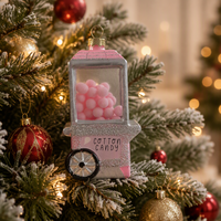 Hiasan Gantung Pohon Natal Warna Pink Silver dengan Glitter, Figurine Ornamen Kaca Mesin Permen Kapas Natal