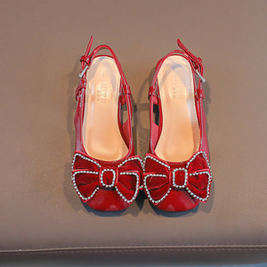 รองเท้าส้นเตี้ยประดับโบว์กำมะหยี่สีแดงเบอร์กันดีสำหรับเด็กผู้หญิง  รองเท้าเจ้าหญิงสำหรับงานแต่งงานและงานปาร์ตี้ - Product Image 4