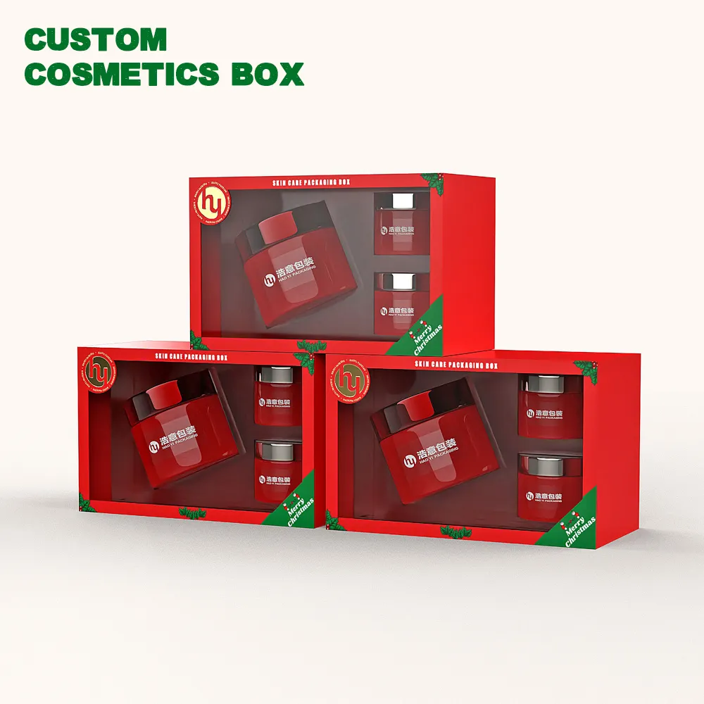 Caja de embalaje de regalo de Navidad roja al por mayor cajas de embalaje de lujo para el cuidado de la piel juego de cuidado de la piel personalizado caja de papel de embalaje con logotipo