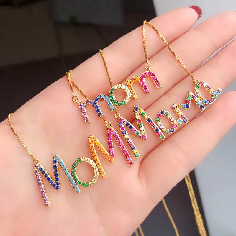 Personalized Custom Brass Rainbow Colorful Cz Paved Mom Letter Mother Day Gift Mama Necklace