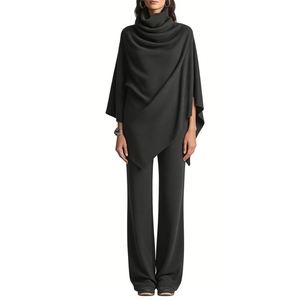 Conjunto de 2 Piezas para Mujer: Capa con Cuello Alto y Pantalones Acampanados - Conjuntos Asimétricos Drapeados de Moda para Mujer - Product Image 2