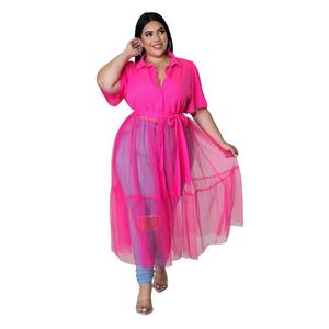 2026 taglie forti donna estate manica corta camicia lunga maglia Patchwork abito retrò Sexy Club abito <span class=keywords><strong>lungo</strong></span> in <span class=keywords><strong>Tulle</strong></span> solido - Product Image 1