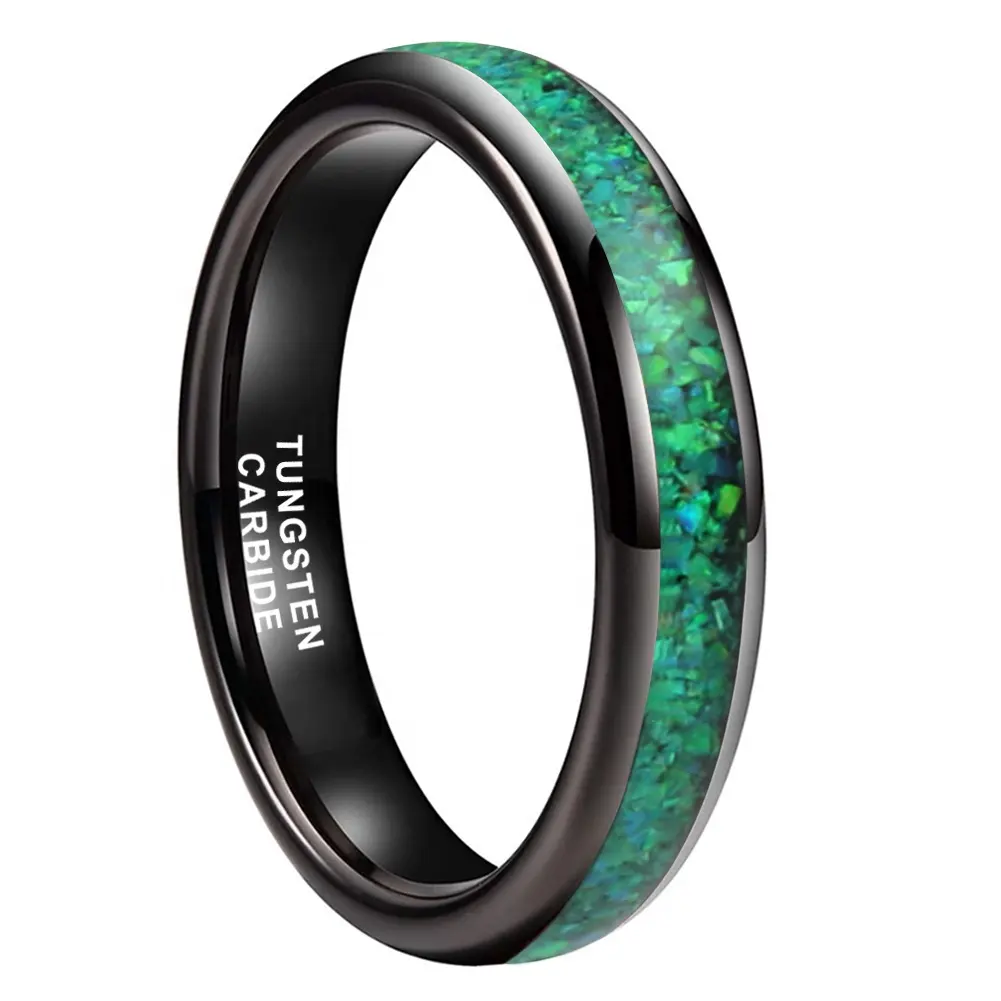 Coolstyle Jewelry 4mm Black Tungsten Carbide Ring for Women Men Genuine Green Opal Inlay Fashion Jewelry Engagement Wedding Band