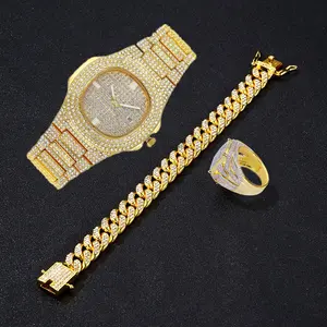 Hiphop Heren Horloge + Armband + Ring Set Gouden Horloges Armband Met Ring Set Miami Curb Cuban Ketting Iced Out Horloges Voor Mannen Cadeau