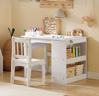 Table et chaises artisanales pour enfants avec rouleau en papier, tasses à peinture et étagères de rangement 2 en 1, bureau d'art en bois pour dessiner, peindre et écrire