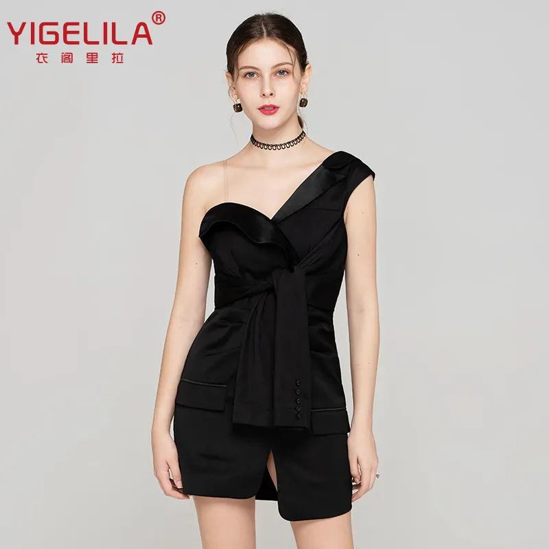 YIGELILA 2021 Summer Women's Sexy Evening Dress Black Asymmetrical Club Red Carpet Designer Dress