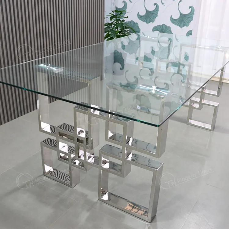 Металлический и Прозрачный Прямоугольный Обеденный стол из закаленного стекла с ножками из нержавеющей стали