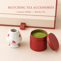 Ensemble de thé matcha japonais moderne et écologique avec logo personnalisé, vente en gros, 5 pièces : bol à matcha en céramique, fouet, support pour fouet, cuillère, boîte à thé