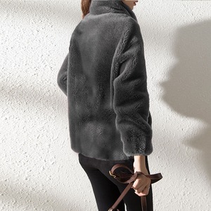 Sweat-shirt cardigan en polaire double face épais pour <span class=keywords><strong>femme</strong></span>, style Ins, hiver, <span class=keywords><strong>crochet</strong></span>é, chaud, col montant, fermeture éclair, <span class=keywords><strong>veste</strong></span> en polaire - Product Image 3