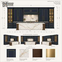 Meubles de cuisine BEIMEI Prestige Bleu Nuit avec incrustations dorées, îlot en marbre Calacatta cascade, armoires sur mesure pour manoir et villa