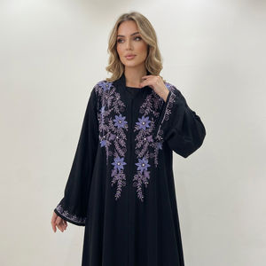 Modest Islamic Elegant Breathable Handmade <b>Black</b> Beaded Polyester Abaya Loose Long Sleeve <b>Floor</b> <b>Length</b> Modest Evening Party wear - Product Image 1