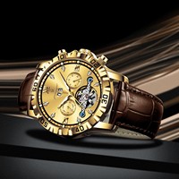 Montre mécanique automatique de luxe Poedagar 1418 pour homme, dorée, en cuir, avec tourbillon ajouré, étanche et lumineuse