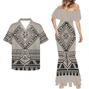 波利尼西亚部落夏威夷白色芙蓉印花定制情侣服装优雅休闲连衣裙紧身时尚男士衬衫短袖 - Product Image 3