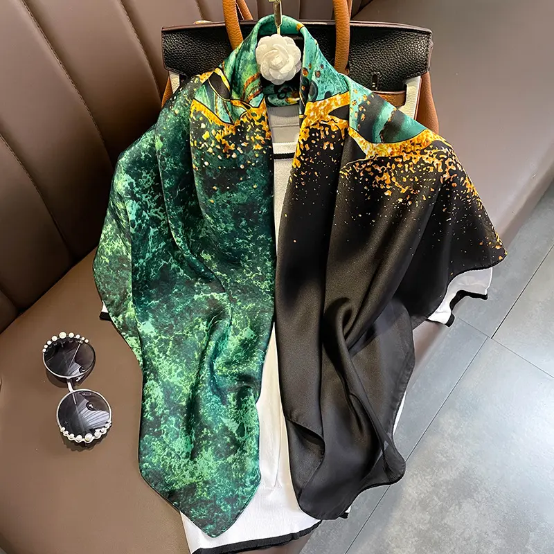 2022 new collection women silk french style scarf square head hair scarves luxury peacock blue unique printed silk square scarf