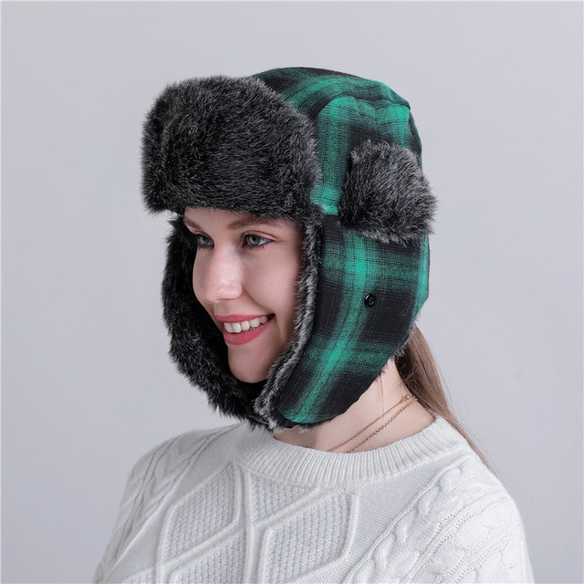 Plaid Custom Logo Winter Casual Mens Women Buffalo Check Fake Faux Fur Earflap Trooper Trapper Cap
