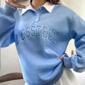 LTD-H1050 <span class=keywords><strong>Felpa</strong></span> Oversize con Cappuccio, Nuovo Design con Colletto a <span class=keywords><strong>Polo</strong></span> e Bottoni, Stampa con Scritte a Contrasto, Felpe per <span class=keywords><strong>Uomo</strong></span> e Donna - Product Image 1