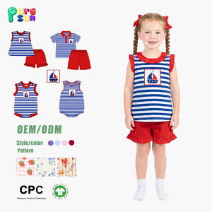 Set di <span class=keywords><strong>Pantaloncini</strong></span> con Volant per Ragazze, Collezione Ritorno a Scuola, Design Ricamato, Abbigliamento per Bambini, Completo Estivo a Righe <span class=keywords><strong>Blu</strong></span> e Bianche - Product Image 1