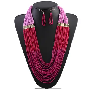 Wholesale Bride Pink Bohemian Seed Beaded Earrings Necklace For Wedding Indian Handmade Beads Jewelry Set For Women