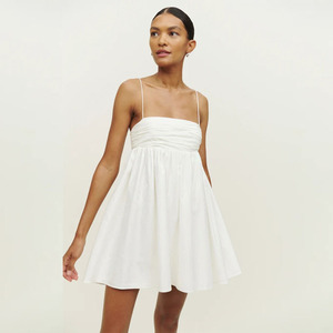 Women's French Minimalist <b>White</b> Ruched <b>Babydoll</b> Slip Dress, Sweet Petite Midi Dress - Product Image 3
