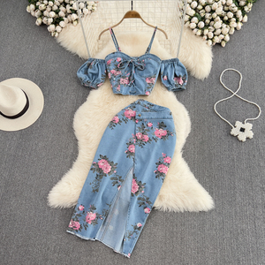 Completo da donna in denim a due pezzi, top chic con scollo all'americana e gonna a vita alta con spacco irregolare, taglie S M <span class=keywords><strong>L</strong></span> - Product Image 1