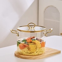 Ensemble de casseroles et de marmites en verre borosilicate moderne avec poignées métalliques, poignées doubles, couvercle en verre, batterie de cuisine pour gaz et induction