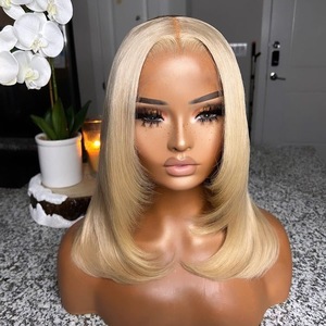 Perruque Bob Courte Blonde Pas Chère, Cheveux Humains Vierges Naturels, <span class=keywords><strong>Dentelle</strong></span> Transparente, Lisse, Couleur Blonde 613, Coupe Dégradée, Perruque Lace Front - Product Image 6