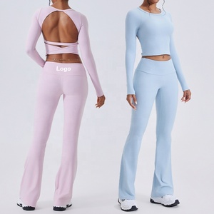 Conjuntos Deportivos Elegantes y Sensuales para <span class=keywords><strong>Mujer</strong></span>, Primavera 2026, 2 Piezas, Top Corto de Manga Larga con Espalda Descubierta, Leggings de Cintura Alta con Corte Acampanado, Conjuntos de Gimnasio - Product Image 1